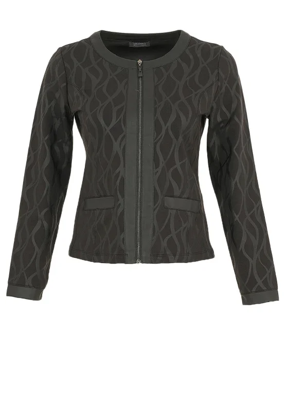 Dolcezza Wavy Print Faux Leather Trim Jacket, Black Women's trendy jackets