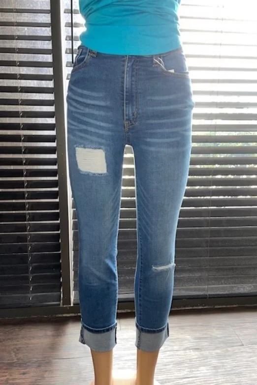 MID WASH RIPPED BOYFRIEND JEANS W ZIPPER - L&B