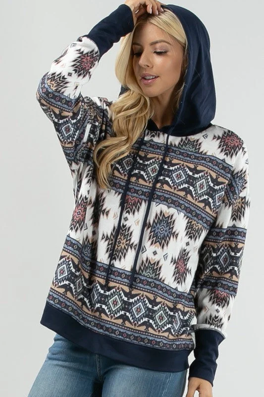 Women's Aztec Print Color Block Hoodie - Navy Plush Hoodie Sweatshirt