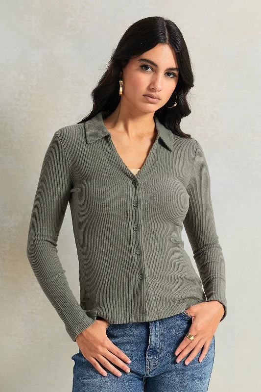 Women Olive Long Sleeve Knitted Top Women's mid-range jackets