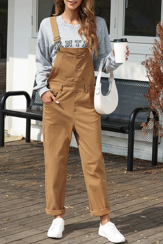 Khaki Vintage Multi Pockets Buckle Strap Cargo Denim Overalls