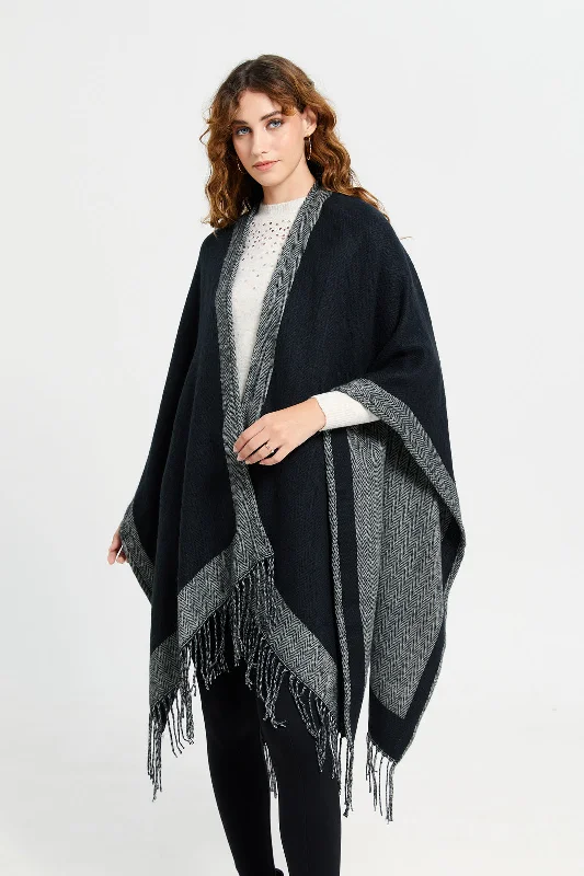 Women Black Jacquard Border Poncho Women's fashion jackets sale