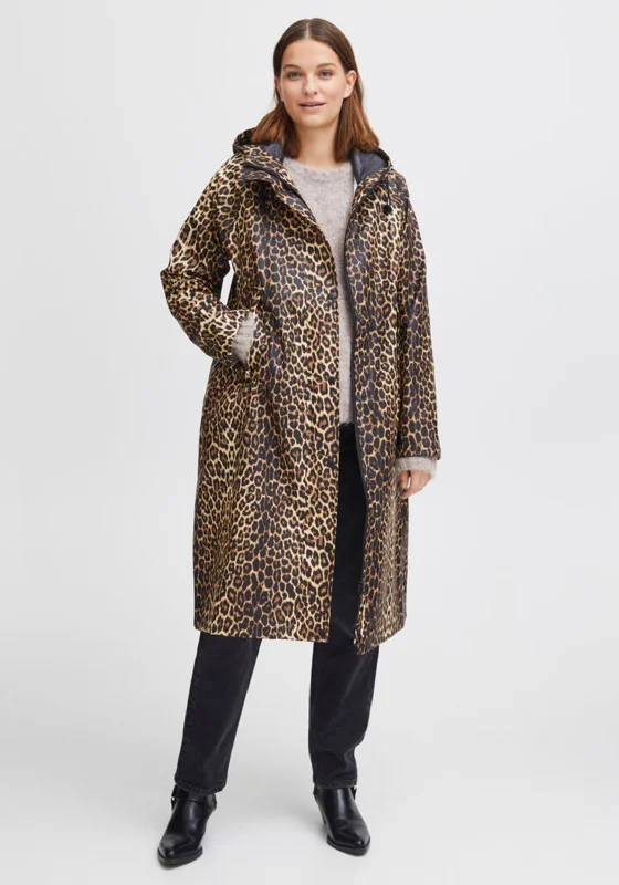 b.young Leopard Print Long Raincoat, Black Multi Women's gym jackets