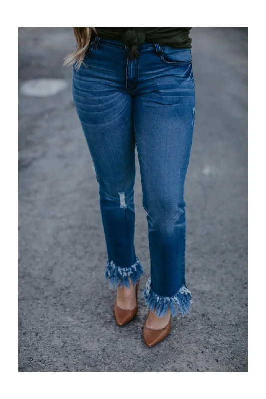 MID WASH FRAYED HEM BOYFRIEND JEANS - L&B