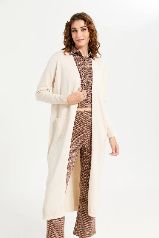 Women Ivory Longline Open-Front Cardigan Women's winter-ready jackets