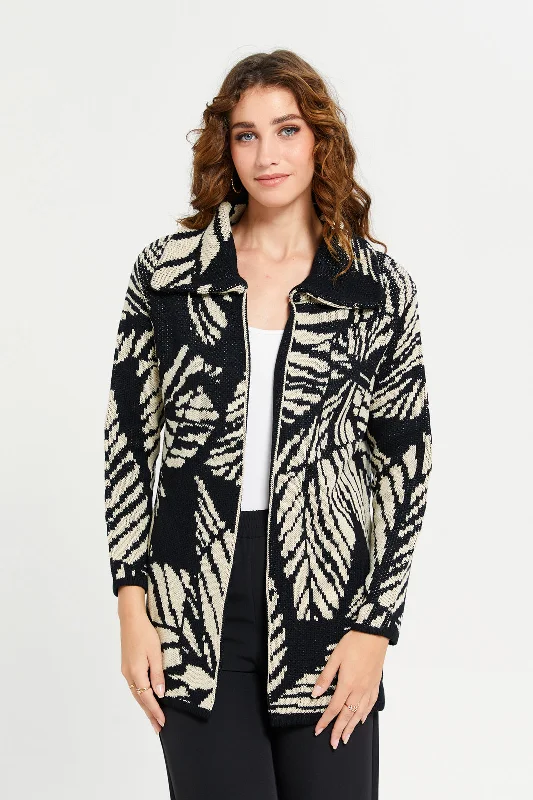 Women Black And Beige Leaves Printed Knitted Cardigan Women's military-style jackets