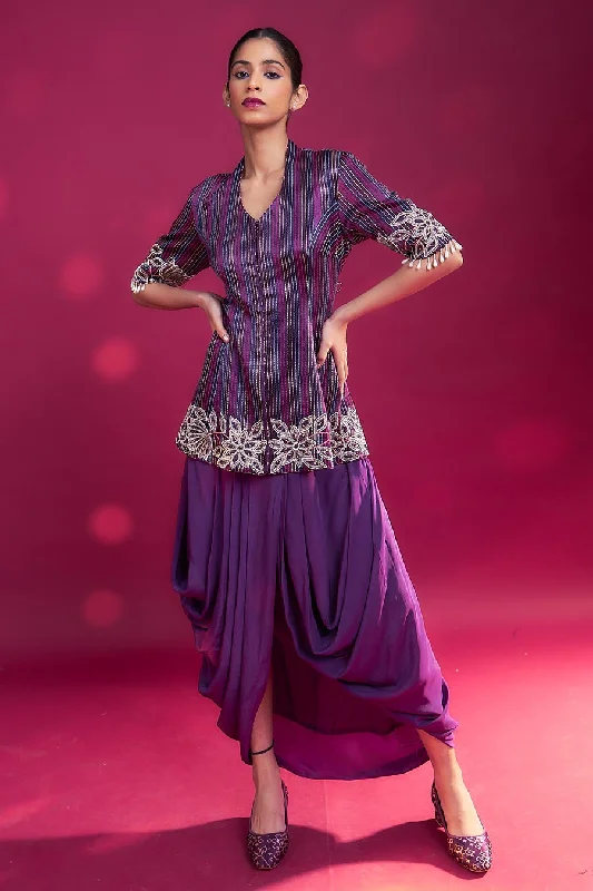 Purple Ajrakh Embroidered Peplum Jacket & Skirt Set