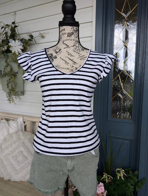 Ruffle sleeve tie back striped top