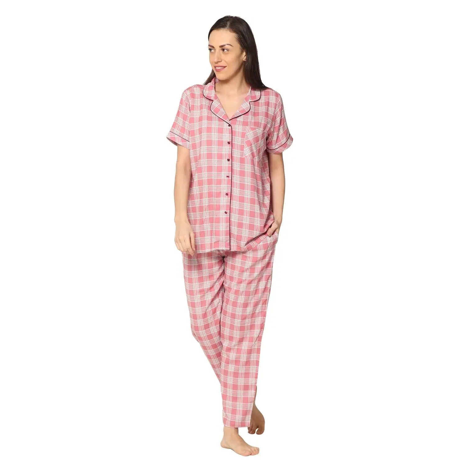 Women Dusty Pink Check Print Shirt Pyjama Set Softest pajama sets