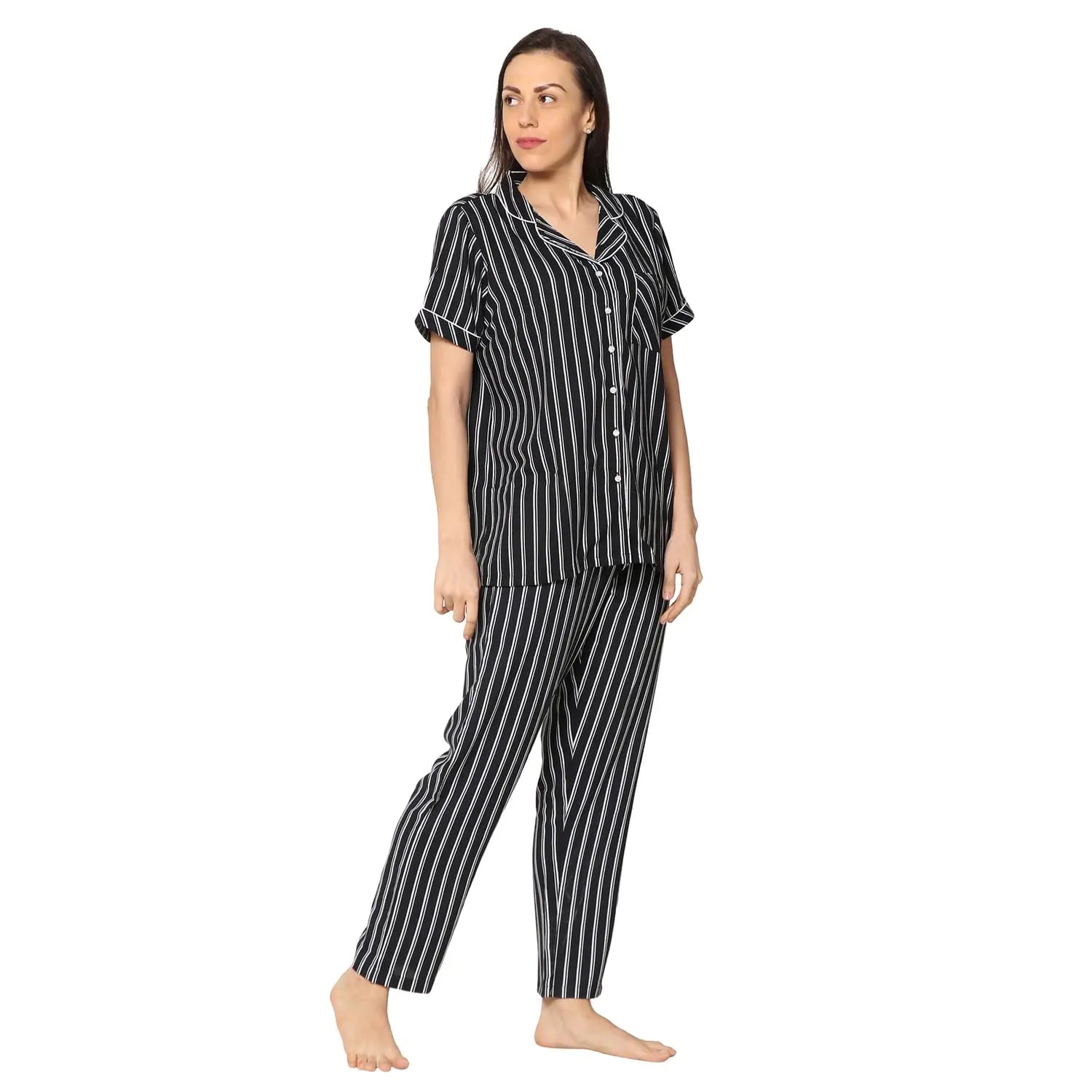 Women Black Stripes Shirt Pyjama Set Best-selling pajama sets 2024