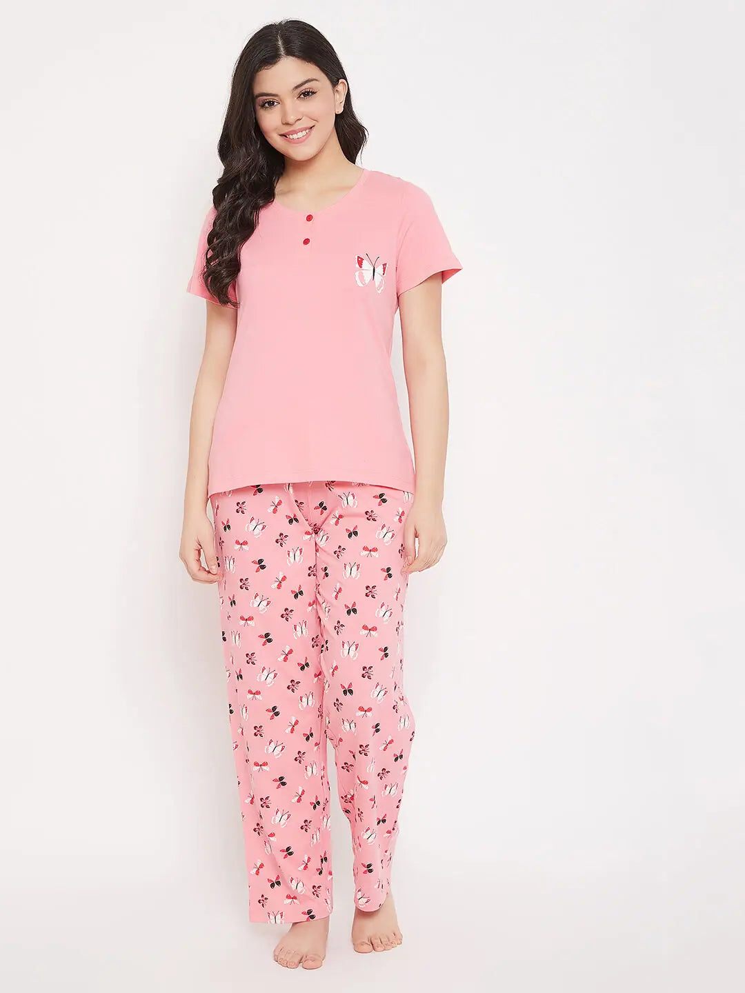 Clovia Butterfly Print Top & Pyjama in Peach Pink - 100% Cotton Three-piece pajama sets