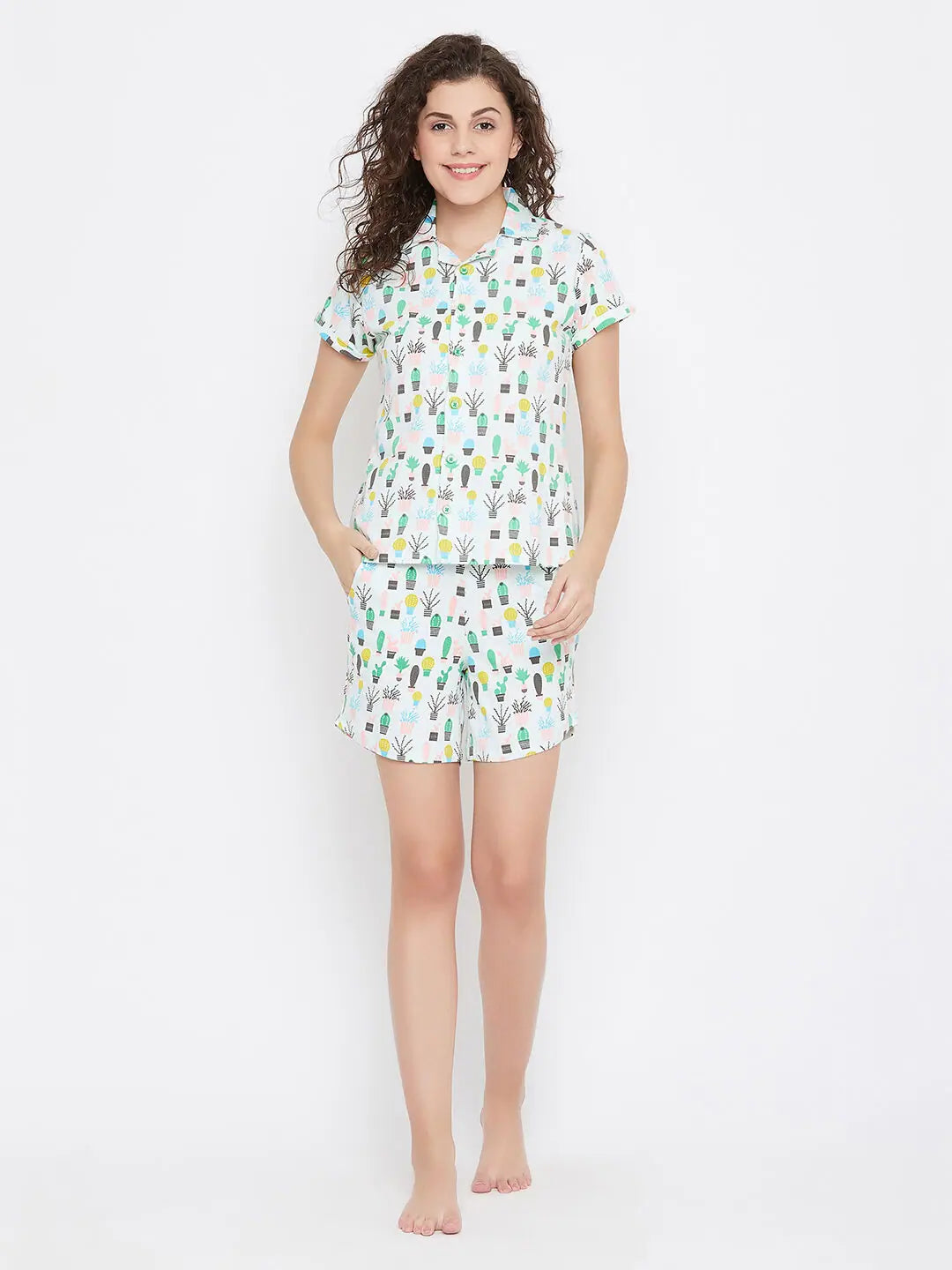 Clovia Cool Cactus Shirt & Shorts Set in Light Blue- 100% Cotton Cotton pajama sets