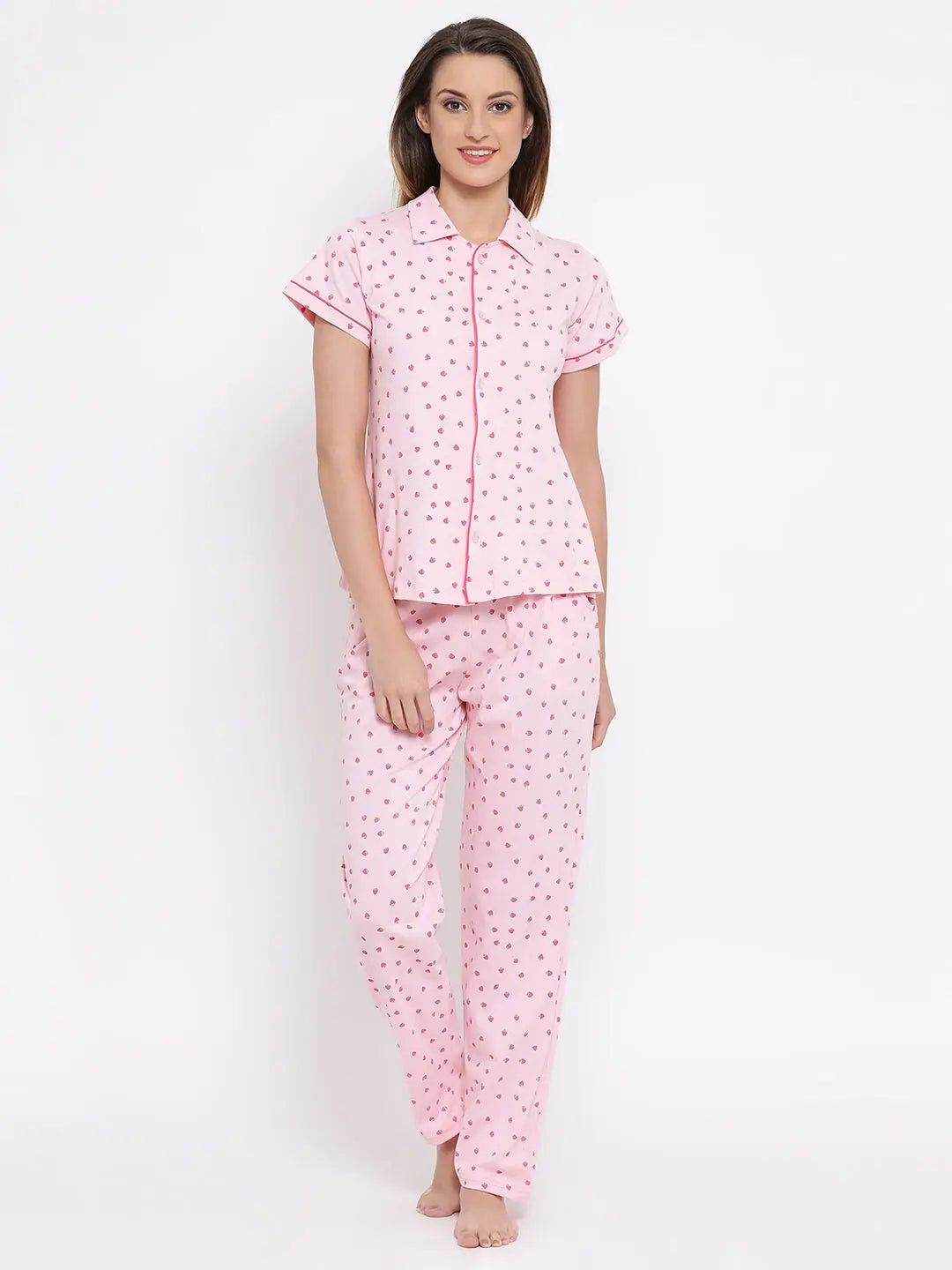 Clovia Cotton Base Strawberry Print Shirt & Pyjama Plus size pajama sets