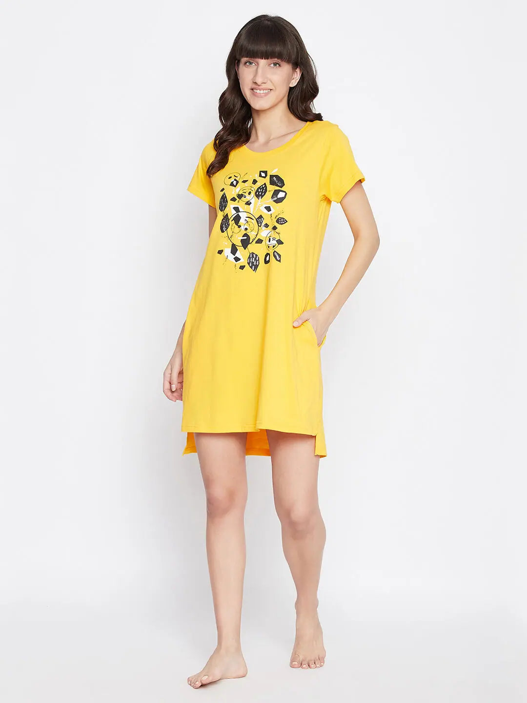 Clovia Emoji Print Short Night Dress in Yellow - 100% Cotton Designer pajama sets