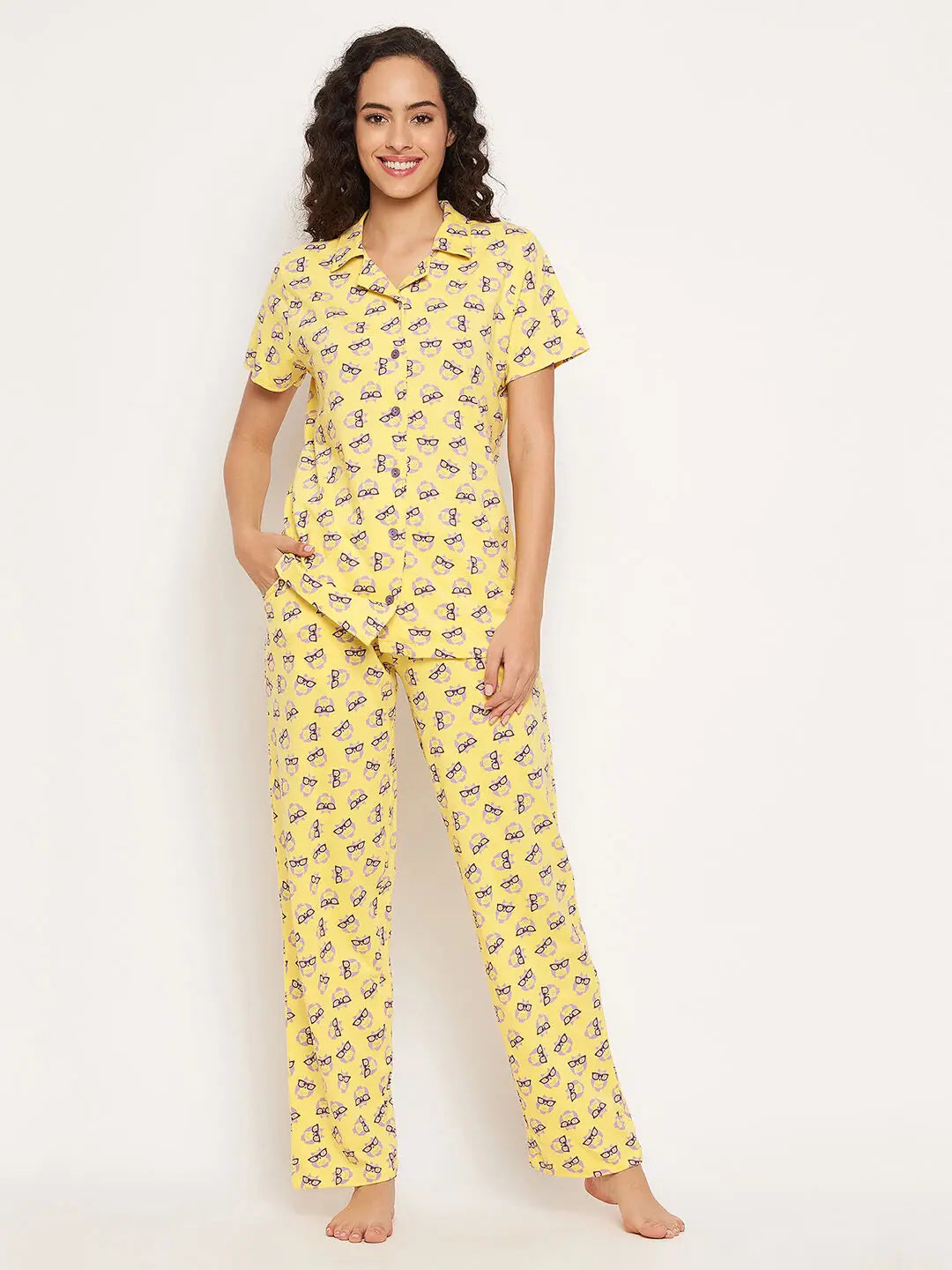 Clovia Owl Print Button Me Up Shirt & Pyjama Set in Yellow - 100% Cotton Baby pajama sets