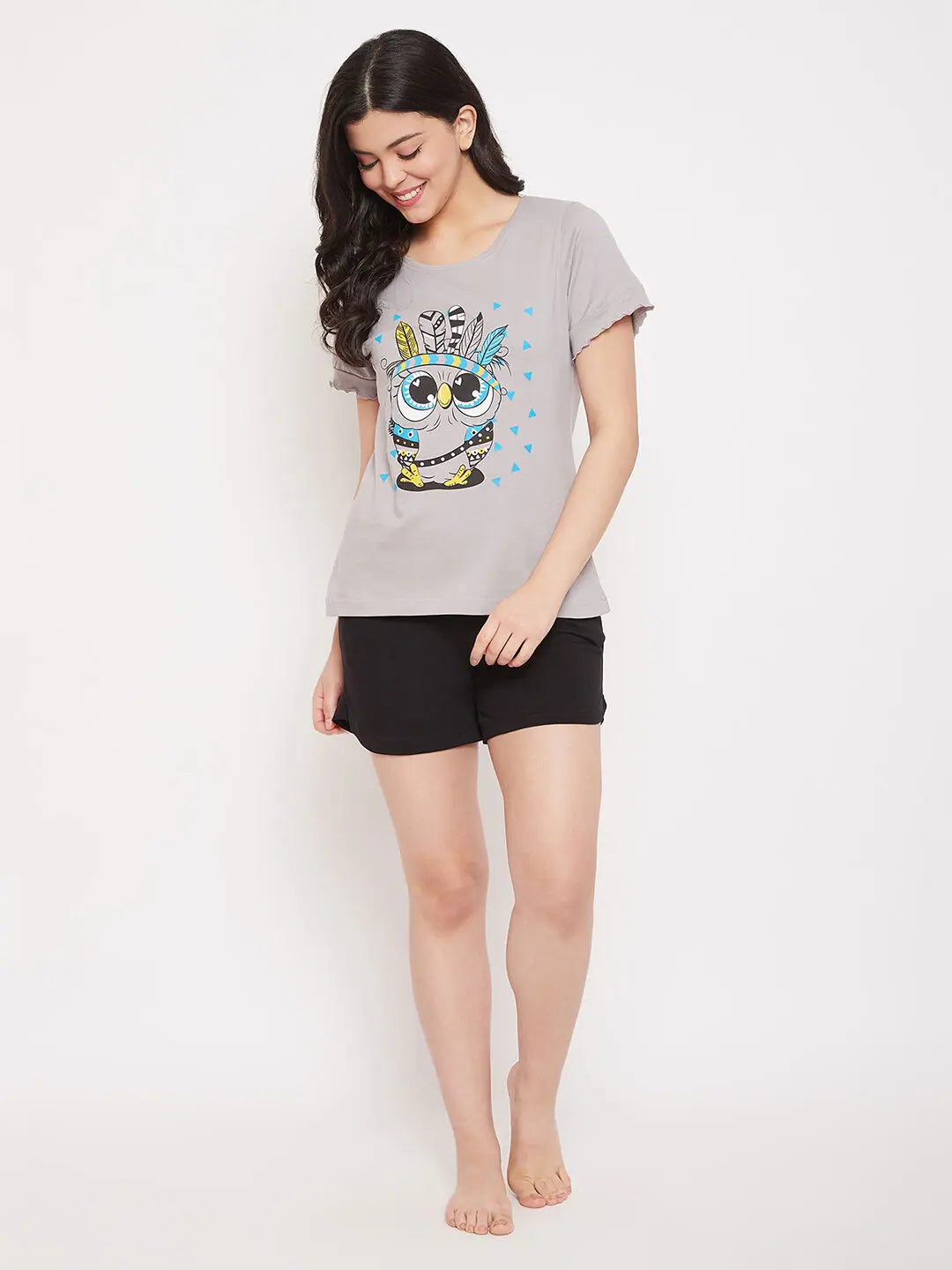 Clovia Owl Print Top & Shorts in Grey & Black - Cotton Rich Fall pajama sets