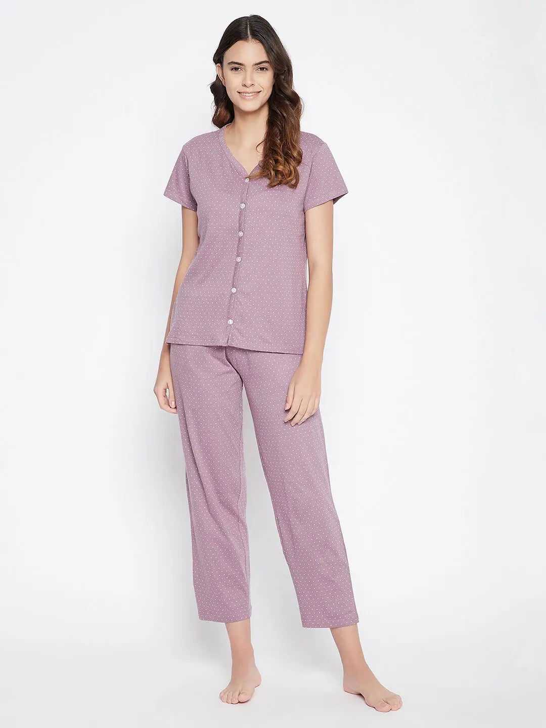 Clovia Polka Print Button Me Up Top & Pyjama Set in Mauve - 100% Cotton Loungewear pajama sets