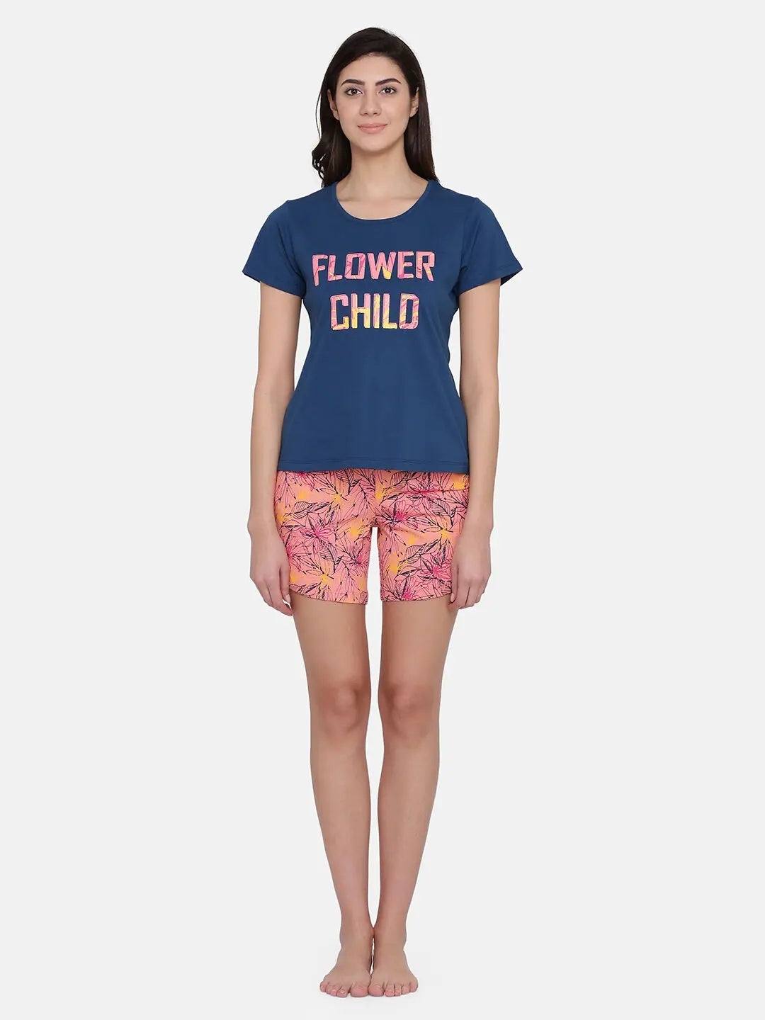 Clovia Pretty Florals Top & Shorts Set in Navy & Peach - Cotton Rich Cooling pajama sets