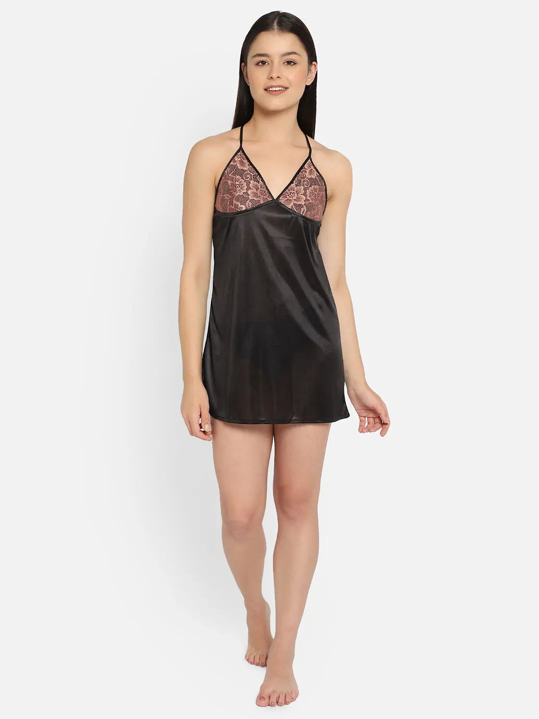 Clovia Satin Babydoll with Lacy Cups & Stylised Back In Black Spa pajama sets