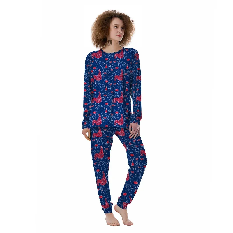 Red Rooster Blue Print Pattern Women's Pajamas Movie night pajama sets