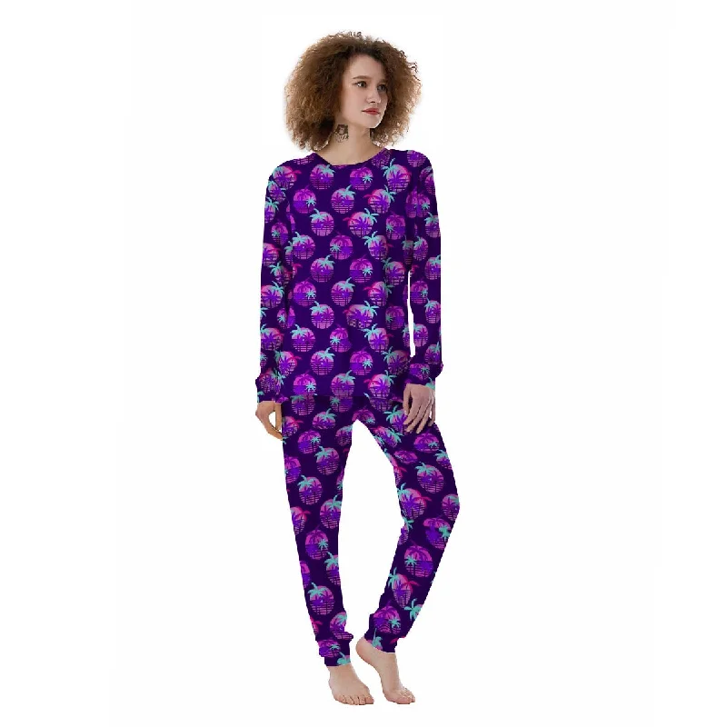 Retrowave Sunset Palm Tree Print Pattern Women's Pajamas Hoodie pajama sets