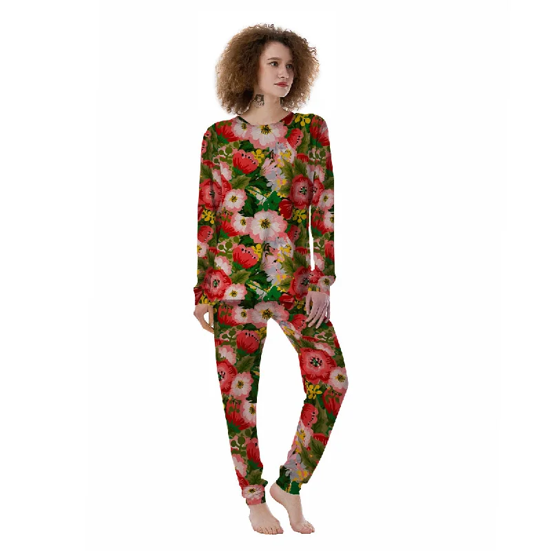 Rose Floral Red And Pink Print Pattern Women's Pajamas Summer pajama sets