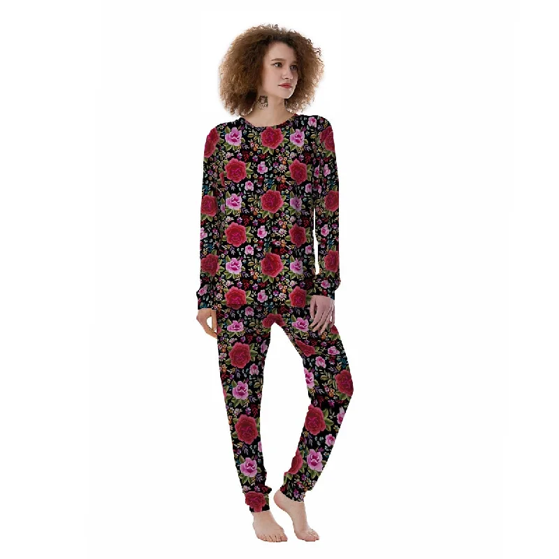 Rose Floral Red Pink Print Pattern Women's Pajamas Velvet pajama sets