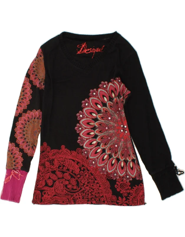 DESIGUAL Womens V-Neck Jumper Sweater UK 18 XL Black Paisley Cotton sweaters