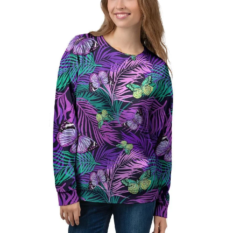 Neon Purple Tropical Palm Tree Butterfly Print Women's Sweatshirt Elegant sweaters