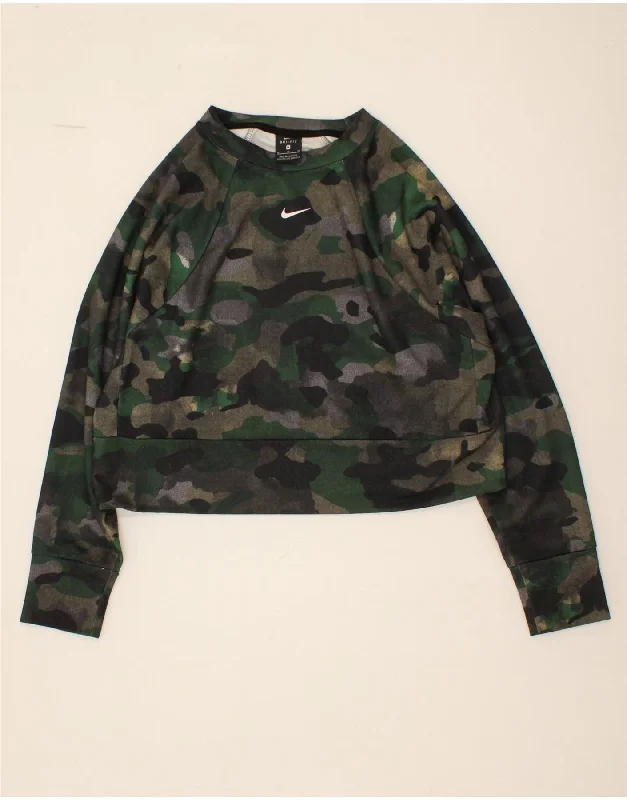 NIKE Womens Dri Fit Crop Sweatshirt Jumper UK 14 Medium Green Camouflage Zara sweaters