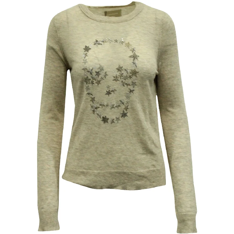 Zadig & Voltaire Shimmer Skull Long Sleeve Sweatshirt in Beige Cashmere Spring sweaters