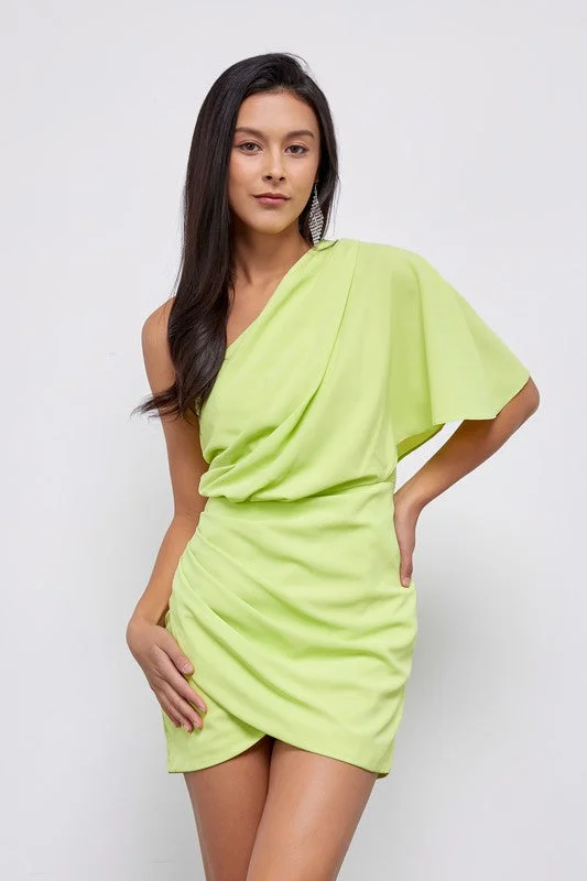 Draped One Shoulder Wrap Dress In Lime Club mini dresses