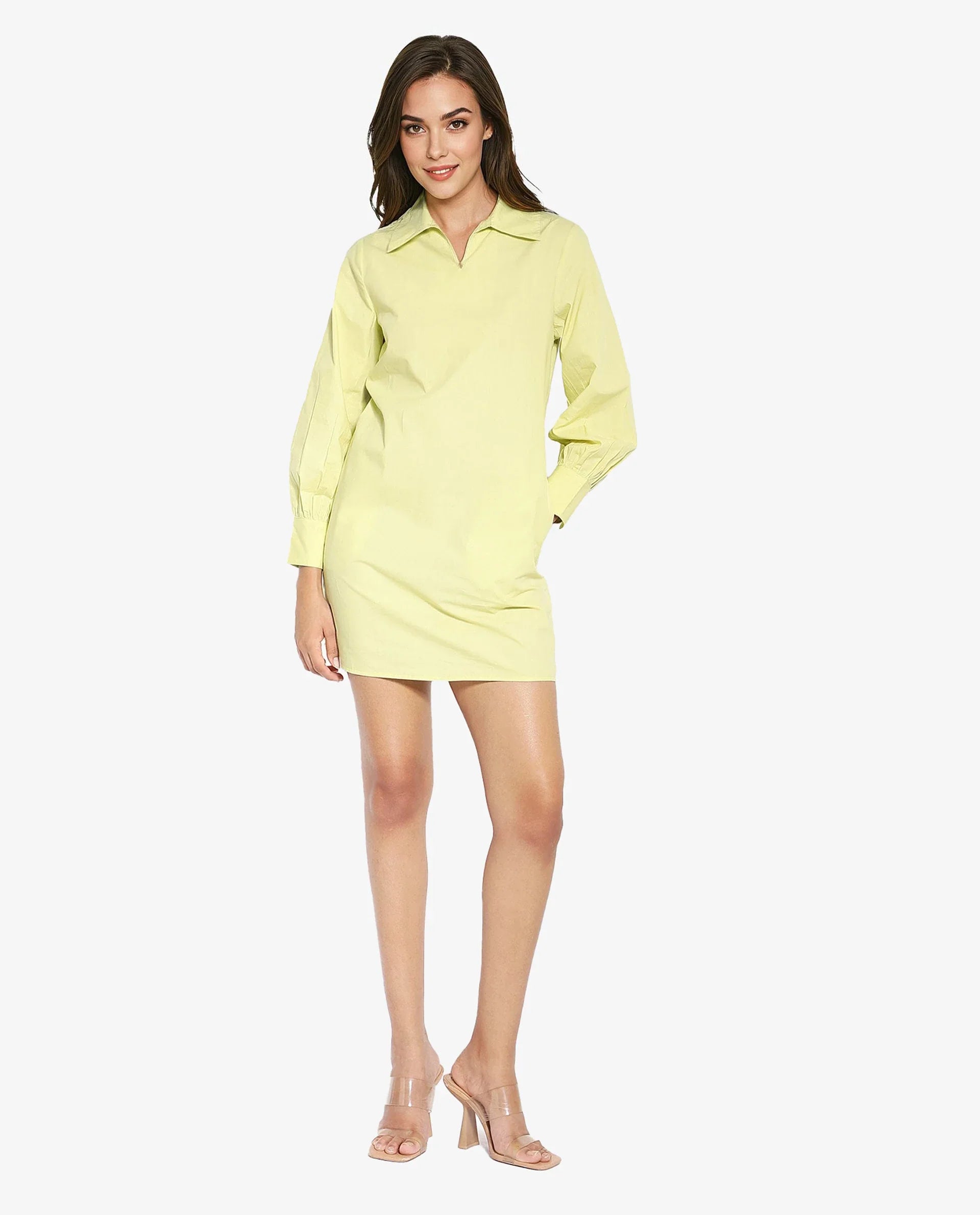 Rareism Women Earo Light Green Cuffed Sleeve Collared Neck Mini Plain Dress Tiered mini dresses