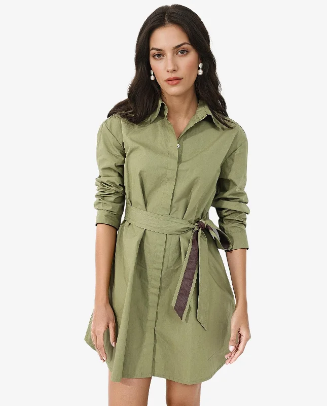 Rareism Women Meztli Green Cotton Fabric Over-Dyed Shirt Dress Preppy mini dresses