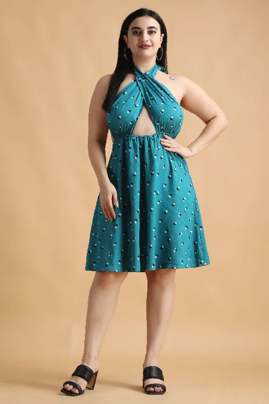 Teal Dots Printed Front Criss Cross Dress Y2K mini dresses