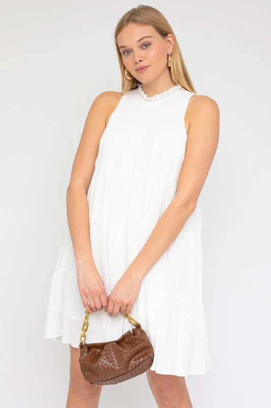 Tiered White Swing Dress With Ruffle Neck Stretchy mini dresses