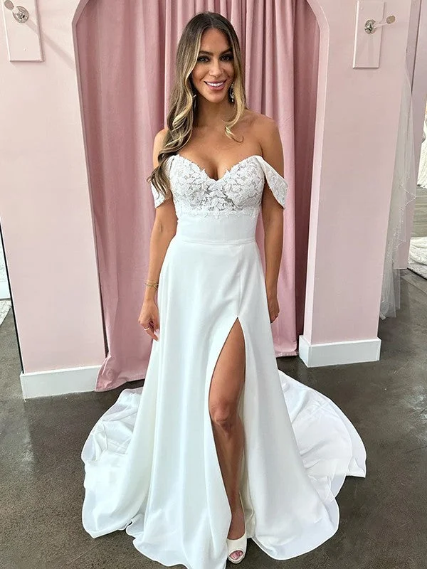 A-line/Princess Chamaeus Silk Applique Off the Shoulder Sleeveless Palace Tail Wedding Dress Boho Wedding Gown