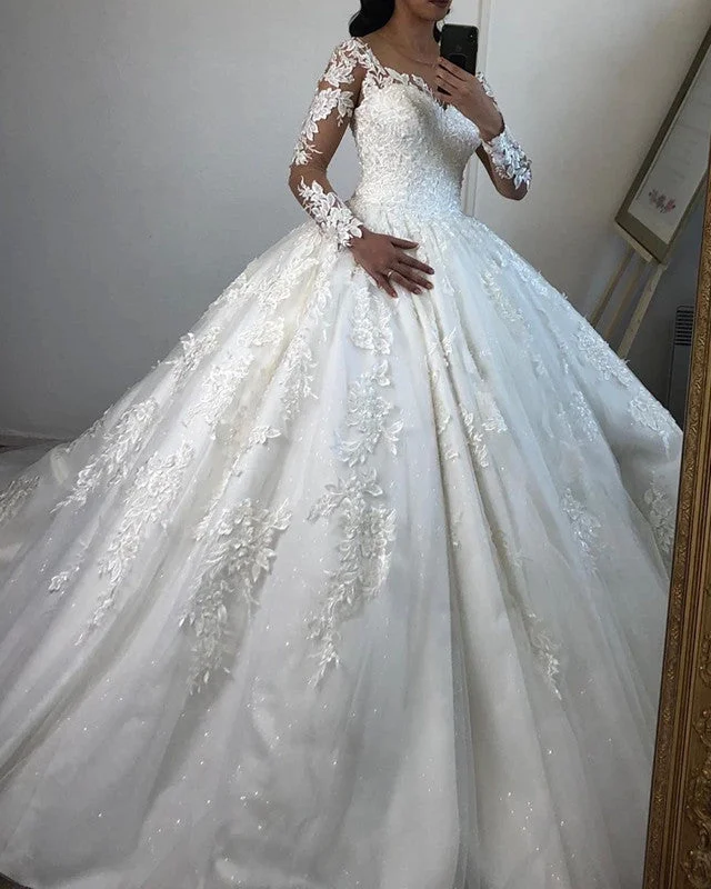 Lace Long Sleeves Wedding Princess Dress Soft Satin Bridal