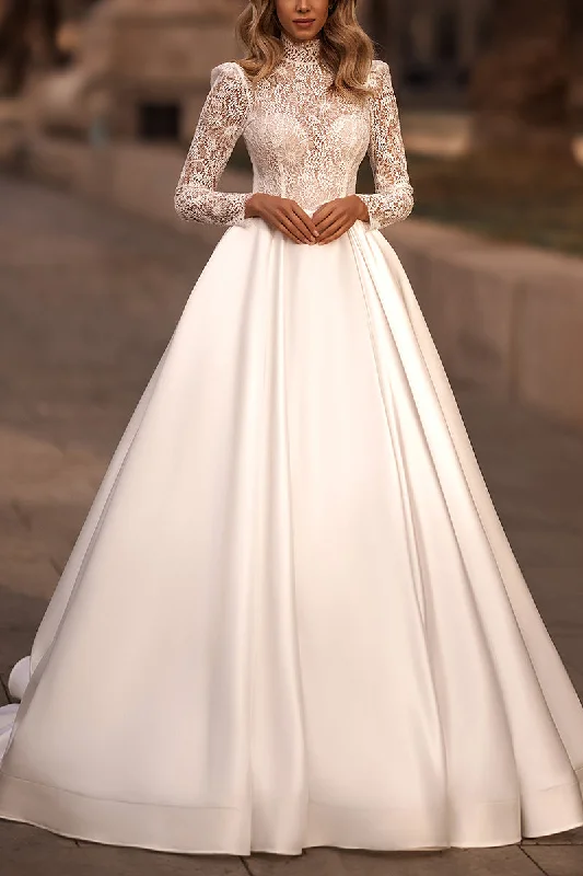 A Line Muslim High Neck Lace Long Sleeves Rustic Wedding Dress with Pockets QW0841 Floral Bridal Gown