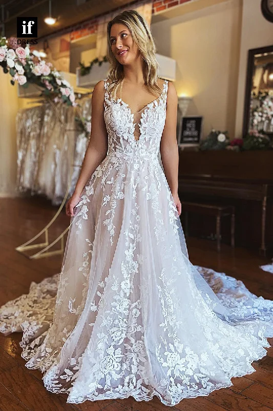 31515 - Attractive A-Line V-Neck Straps Appliques Tulle Wedding Dress Lace Wedding Gown