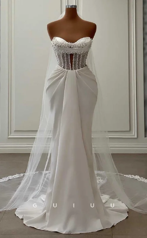 GW846 -  Chic & Modern Strapless Sleeveless Pearls Ruched Stain Mermaid Beach Wedding Dress With Train Princess Wedding Dress