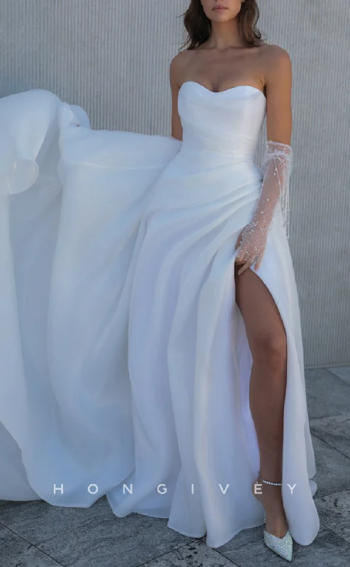 H1568 - Sexy Satin A-Line Sweetheart Strapless Sleeveless Empire Pleats With Side Slit Wedding Dress Lace Sleeveless Dress