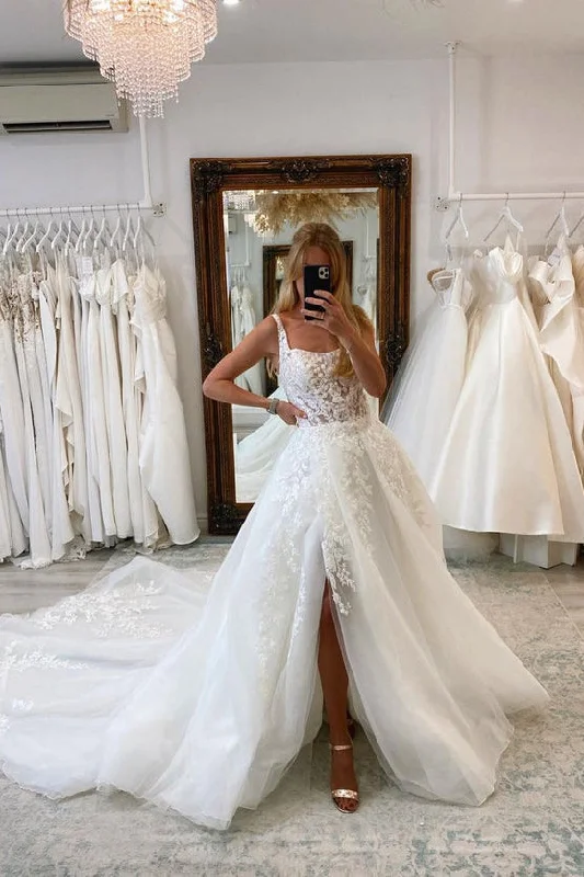 Elegant Ball Gown Scoop Neck Long Wedding Dresses with Appliques Lace Back Wedding