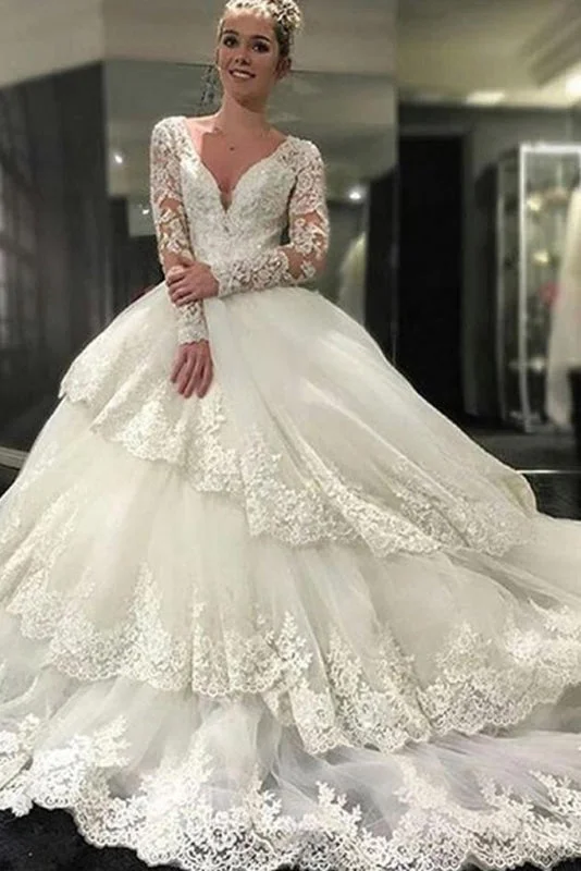 Ivory Deep V-Neck Long Sleeves Lace Appliques Chapel Train Tiered Wedding Dress Lace Boho Dress