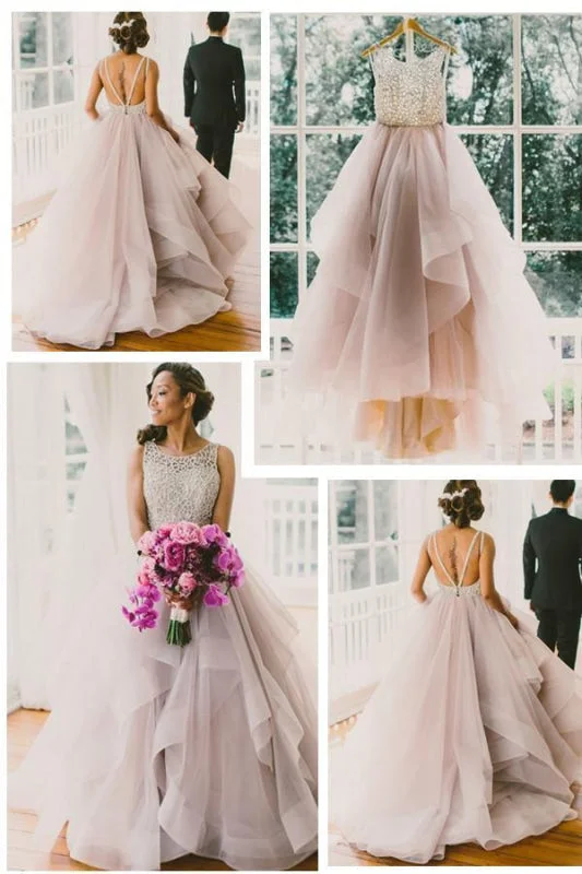 Sexy Backless A-Line Beading Long Beach Wedding Dress Soft Wedding Gown