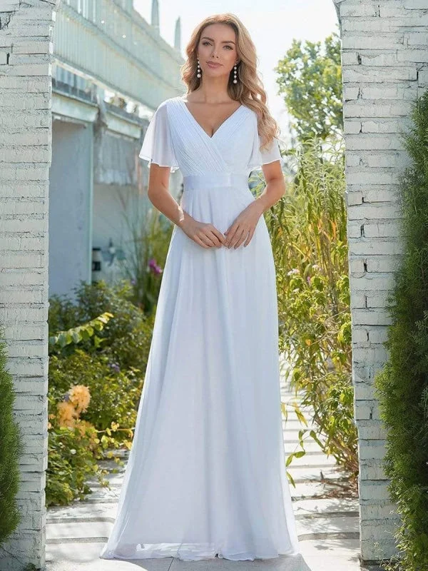 Simple Wedding Dress Chiffon V-Neck Short Sleeves Backless A-Line Long Bridal Gowns Full Skirt Gown