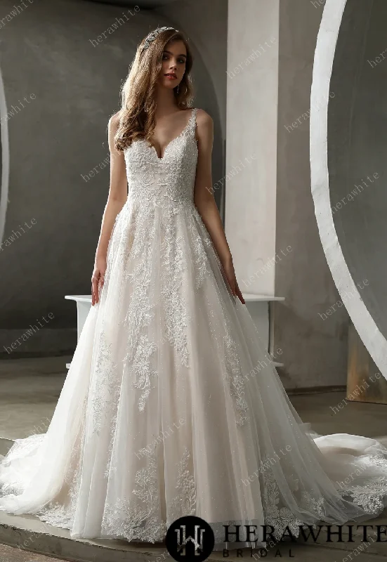 Stunning Tulle Lace Bridal Ball Gown with Glitter Tulle Crystal Wedding Dress