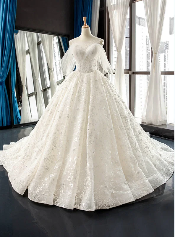 White Ball Gown Tulle Star Embrodiery Lace Backless Wedding Dress Elegant Bridal Gown