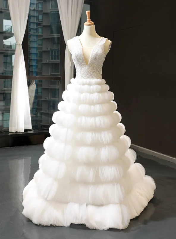 White Ball Gown V-neck Backless Tulle Beading Sequins Floor Length Wedding Dress Simple Wedding Gown