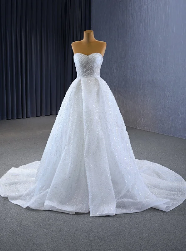 White Tulle Sweetheart Pearls Wedding Dress Strapless Lace Dress